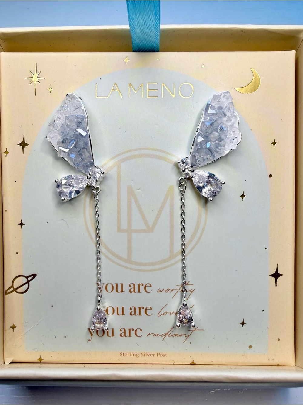 La Meno Silver Blue Butterfly Wing Drop Earrings in Clear Crystal